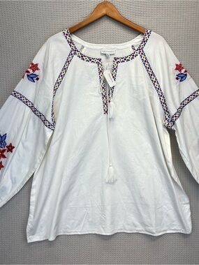 NWT Neiman Marcus Floral Boho White 100% Cotton Tunic Blouse Sz 2X Cottagecore